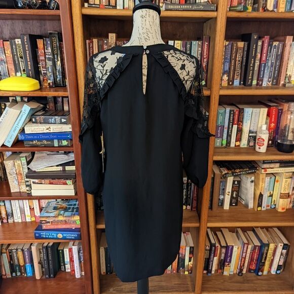 CECE black sheer long lace sleeve cold shoulder keyhole neck midi dress sz s nwt - Picture 3 of 6